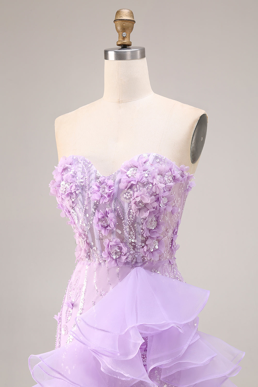 Sparkly Lilac Strapless Corset Prom Dress with Ruffles - Image 8