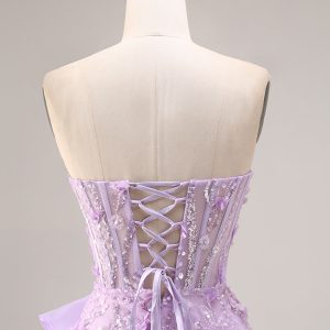 Sparkly Lilac Strapless Corset Prom Dress with Ruffles - Image 7