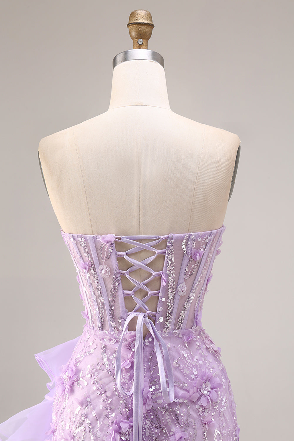 Sparkly Lilac Strapless Corset Prom Dress with Ruffles - Image 7