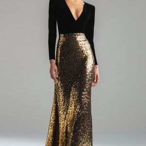 Sparkly Gold and Black Velvet Long Sleeve V-Neck Formal Dress - Image 1