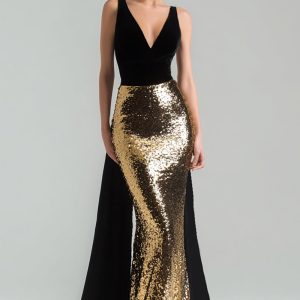 Sparkly Gold and Black Mermaid V-Neck Gala Dress with Sash - Image 1