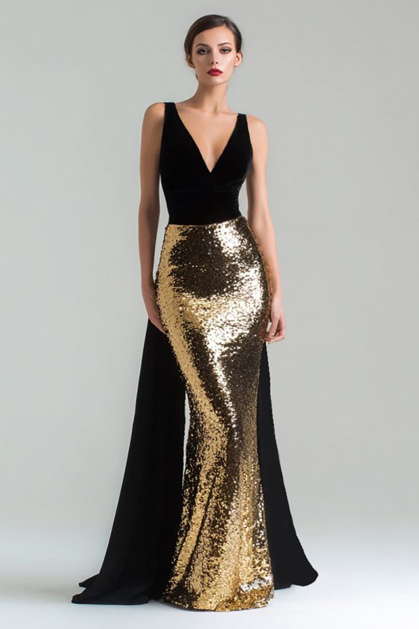 Sparkly Gold and Black Mermaid V-Neck Gala Dress with Sash