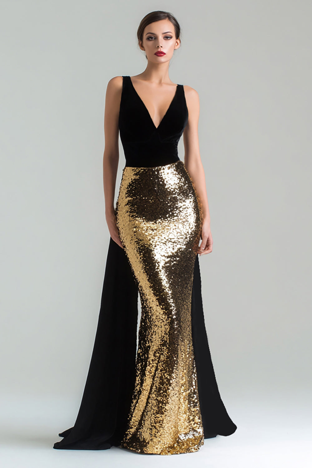 Sparkly Gold and Black Mermaid V-Neck Gala Dress with Sash - Image 1