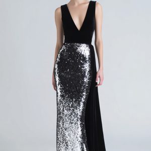 Sparkly Mermaid Black and Silver Velvet Formal Dress With Sash - Image 1