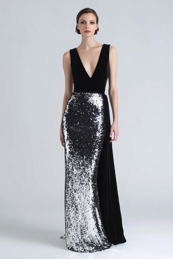 Sparkly Mermaid Black and Silver Velvet Formal Dress With Sash
