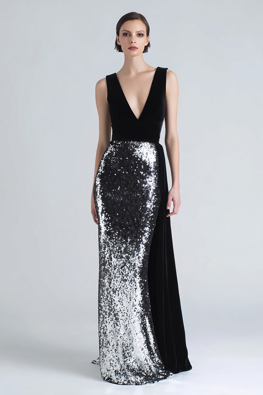 Sparkly Mermaid Black and Silver Velvet Formal Dress With Sash - Image 1