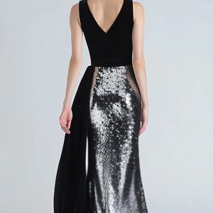 Sparkly Mermaid Black and Silver Velvet Formal Dress With Sash - Image 2