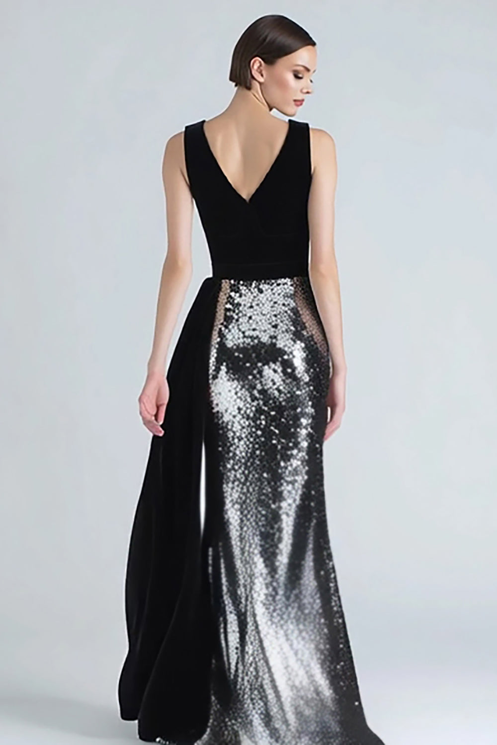 Sparkly Mermaid Black and Silver Velvet Formal Dress With Sash - Image 2