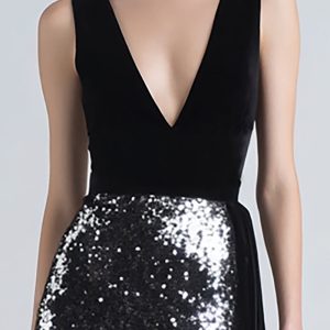 Sparkly Mermaid Black and Silver Velvet Formal Dress With Sash - Image 3