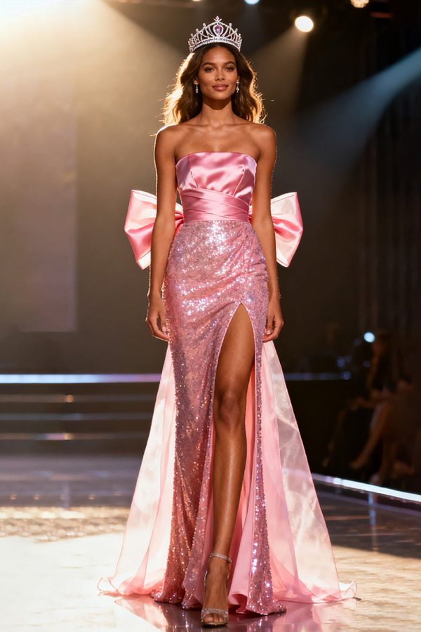 Sparkly Light Pink Strapless Bow Mermaid Pageant Dress With Slit