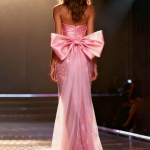 Sparkly Light Pink Strapless Bow Mermaid Pageant Dress With Slit - Image 2
