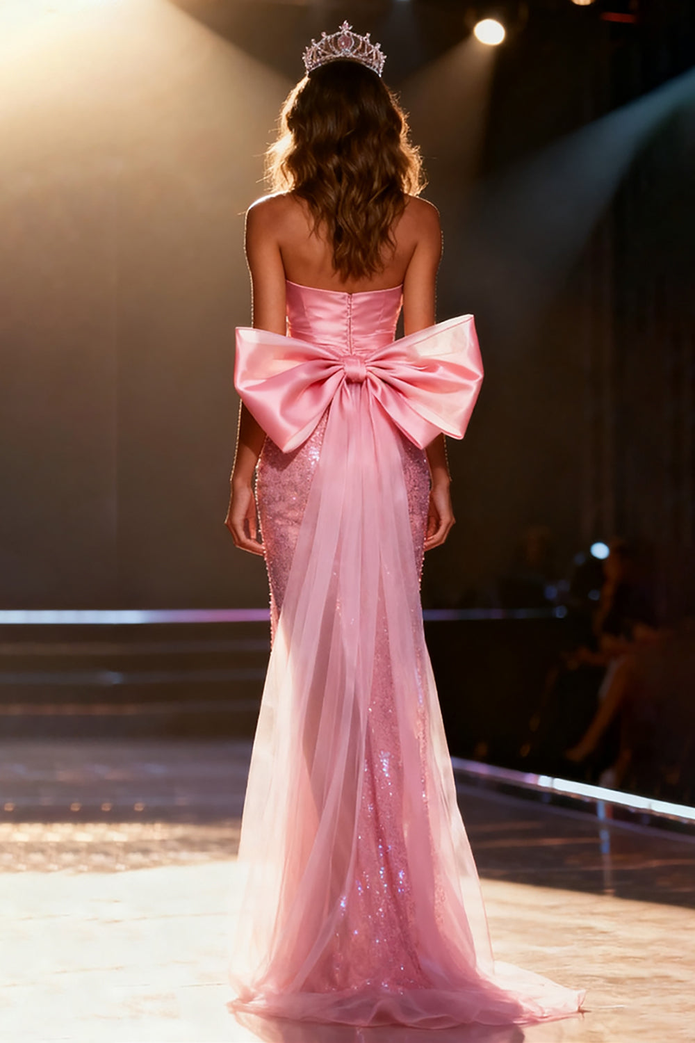 Sparkly Light Pink Strapless Bow Mermaid Pageant Dress With Slit - Image 2
