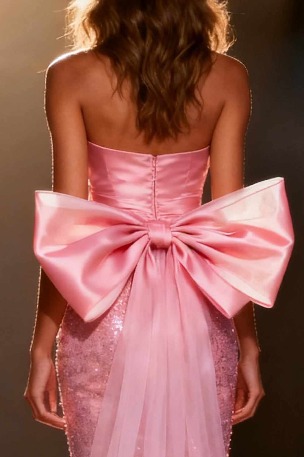 Sparkly Light Pink Strapless Bow Mermaid Pageant Dress With Slit - Image 4