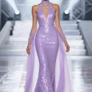 Sparkly Light Purple Halter Mermaid Pageant Dress with Drape - Image 1