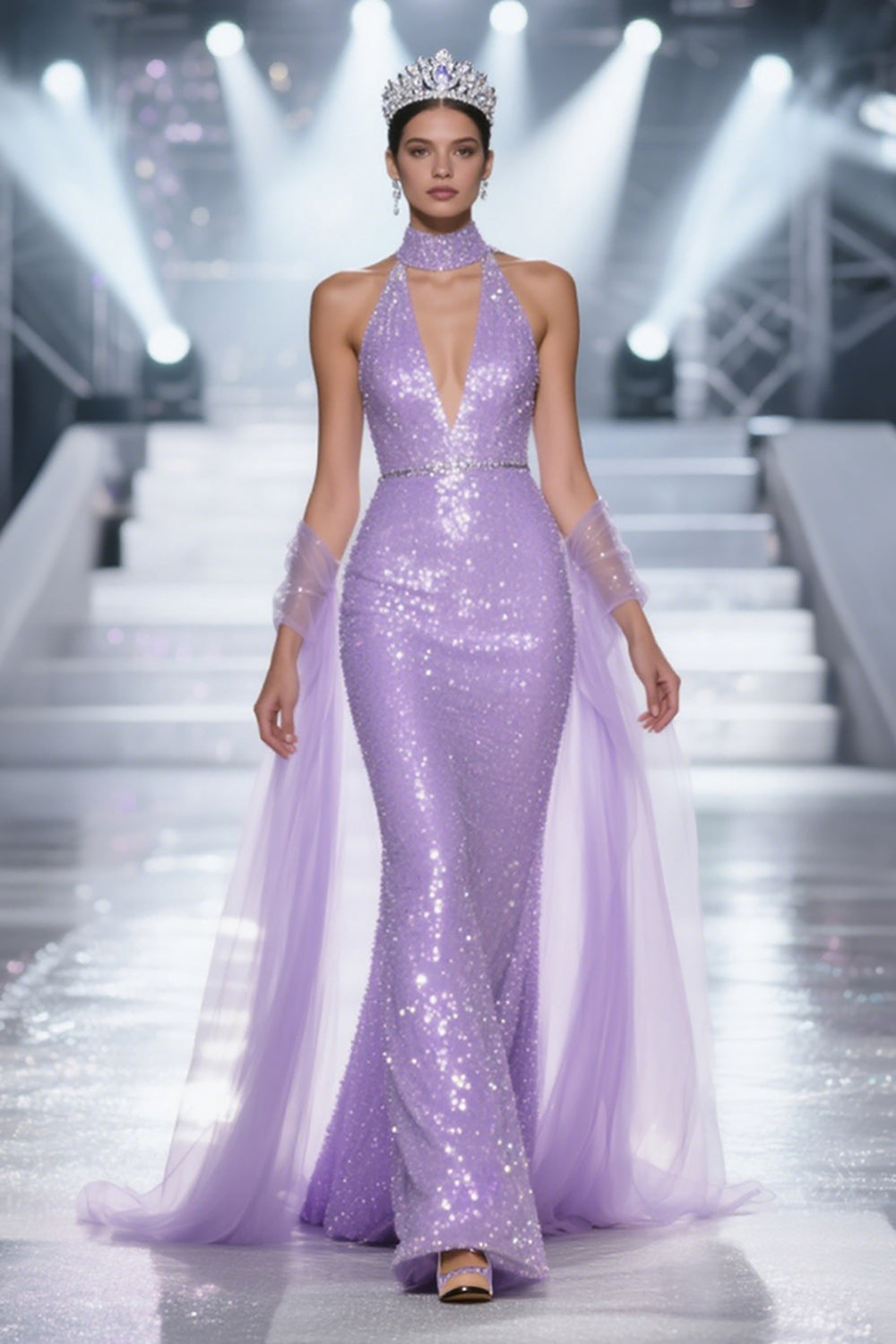 Sparkly Light Purple Halter Mermaid Pageant Dress with Drape - Image 1