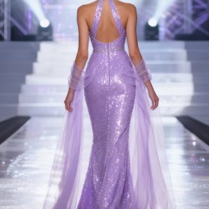 Sparkly Light Purple Halter Mermaid Pageant Dress with Drape - Image 2