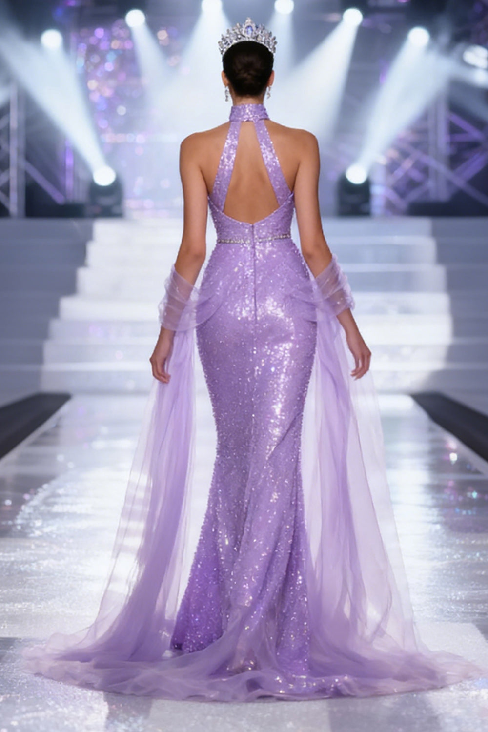 Sparkly Light Purple Halter Mermaid Pageant Dress with Drape - Image 2