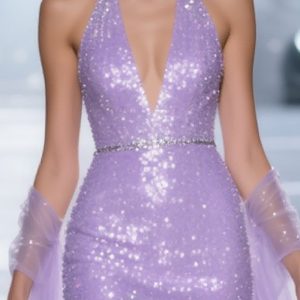 Sparkly Light Purple Halter Mermaid Pageant Dress with Drape - Image 3