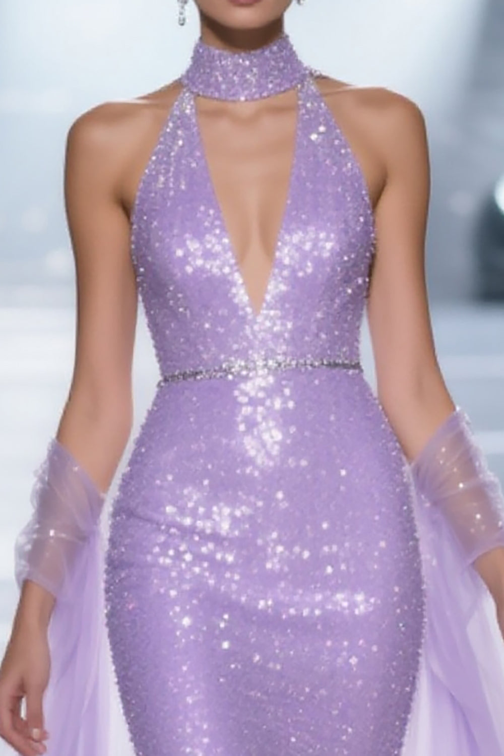 Sparkly Light Purple Halter Mermaid Pageant Dress with Drape - Image 3