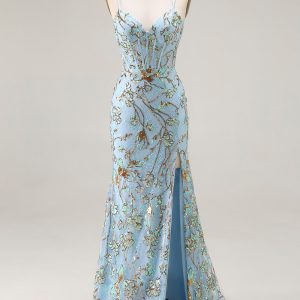 Sparkly Lake Blue Mermaid Corset Prom Dress With Slit - Image 7