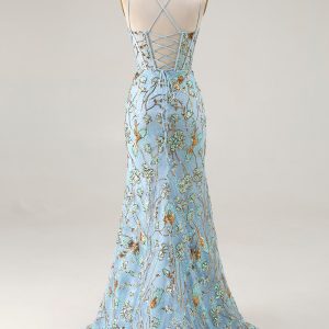 Sparkly Lake Blue Mermaid Corset Prom Dress With Slit - Image 8