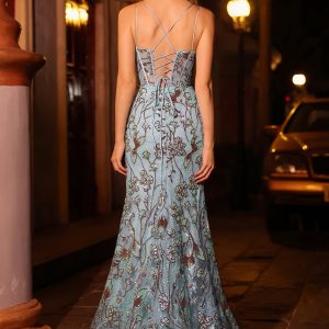 Sparkly Lake Blue Mermaid Corset Prom Dress With Slit - Image 2