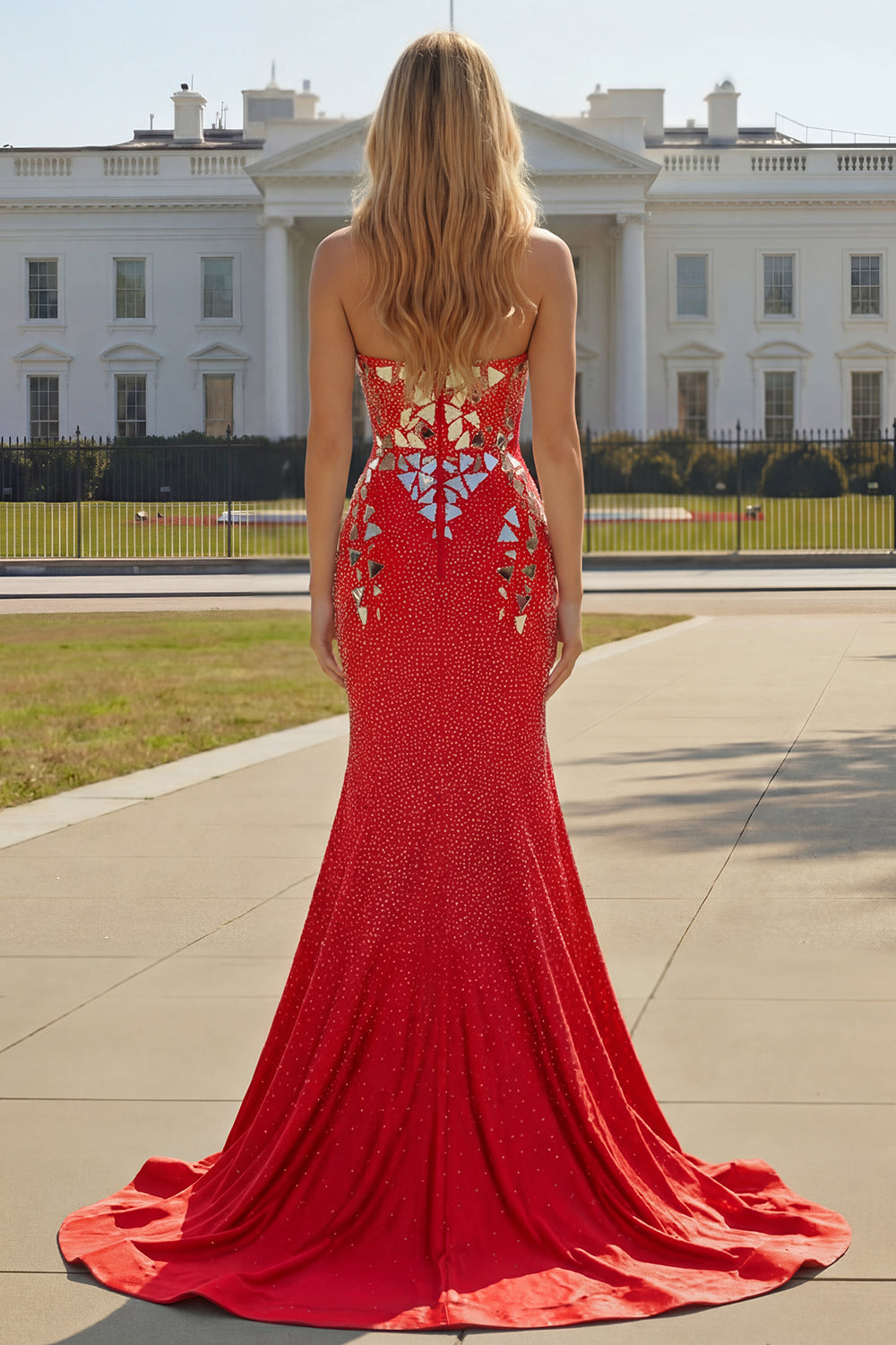 Sparkly Mermaid Royal Blue Strapless Beaded Prom Dress - Image 12