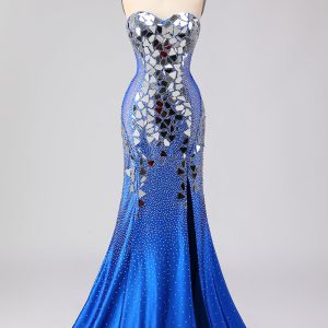 Sparkly Mermaid Royal Blue Strapless Beaded Prom Dress - Image 1