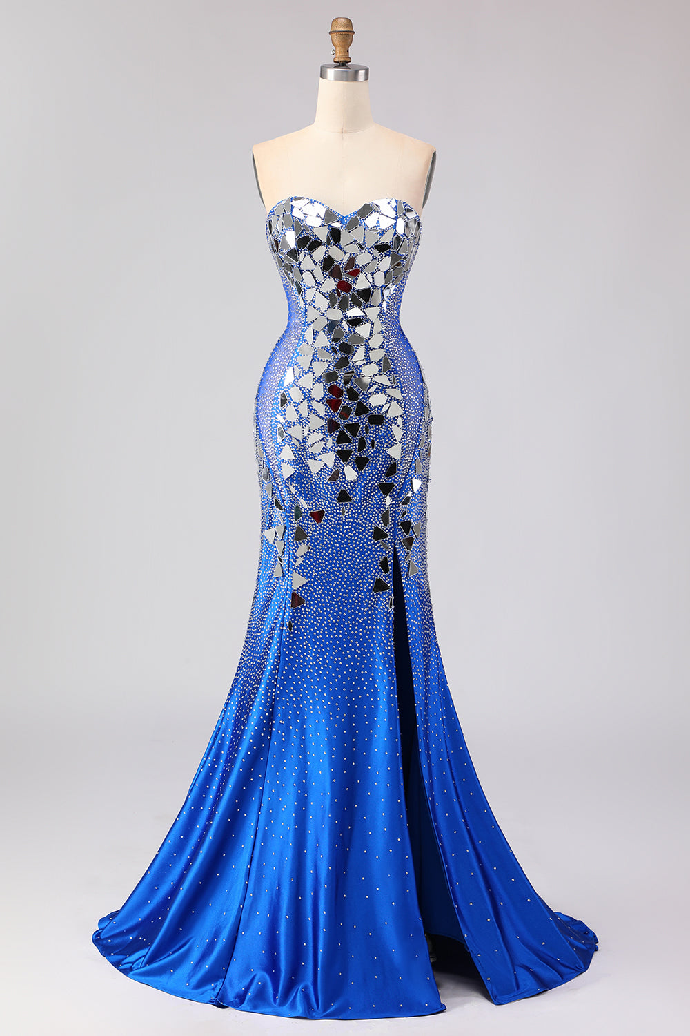 Sparkly Mermaid Royal Blue Strapless Beaded Prom Dress - Image 1