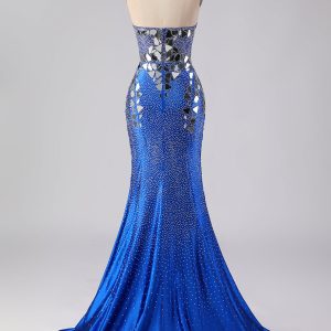 Sparkly Mermaid Royal Blue Strapless Beaded Prom Dress - Image 2