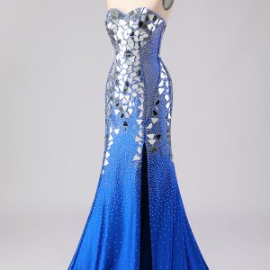 Sparkly Mermaid Royal Blue Strapless Beaded Prom Dress - Image 5