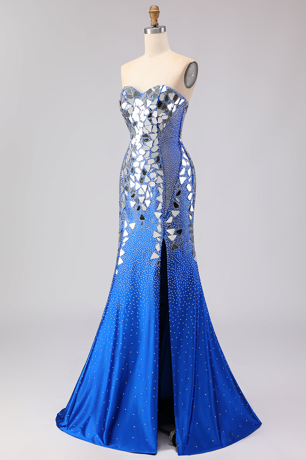Sparkly Mermaid Royal Blue Strapless Beaded Prom Dress - Image 5