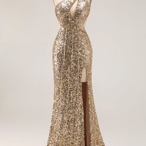 Sparkly Golden Mermaid Cut Out One Shoulder Prom Dress - Image 1
