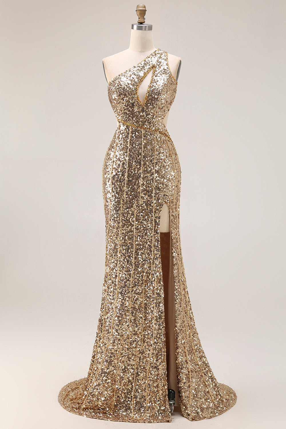 Sparkly Golden Mermaid Cut Out One Shoulder Prom Dress - Image 1
