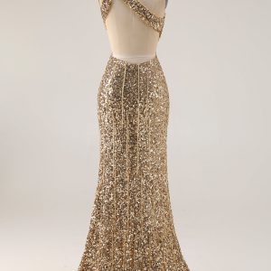 Sparkly Golden Mermaid Cut Out One Shoulder Prom Dress - Image 2