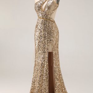 Sparkly Golden Mermaid Cut Out One Shoulder Prom Dress - Image 3