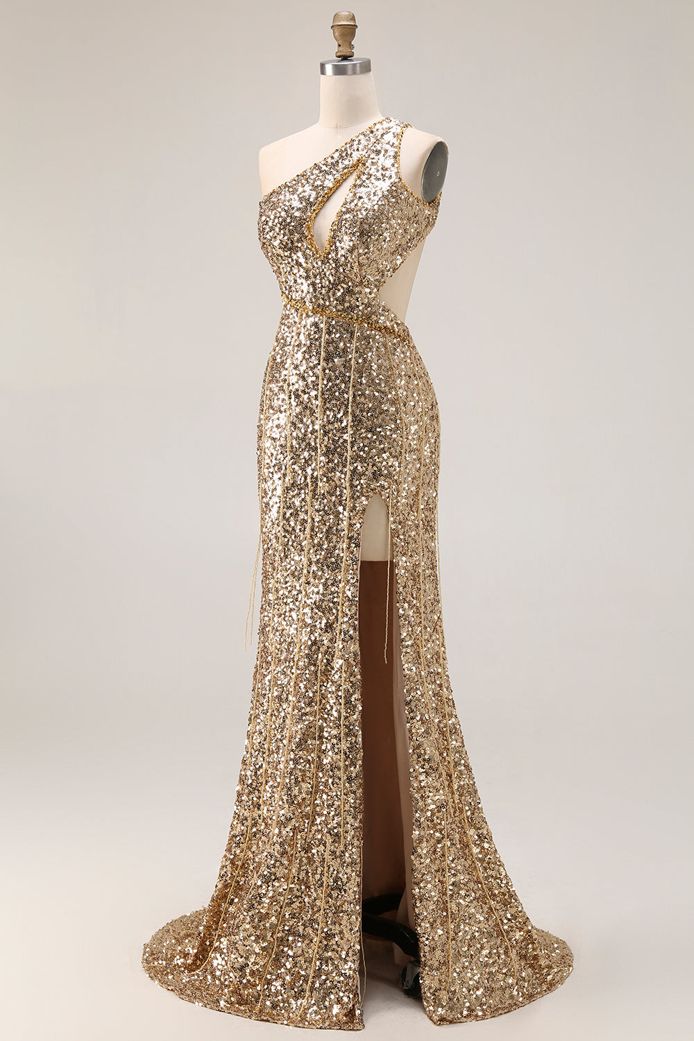 Sparkly Golden Mermaid Cut Out One Shoulder Prom Dress - Image 3