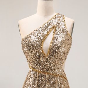 Sparkly Golden Mermaid Cut Out One Shoulder Prom Dress - Image 4
