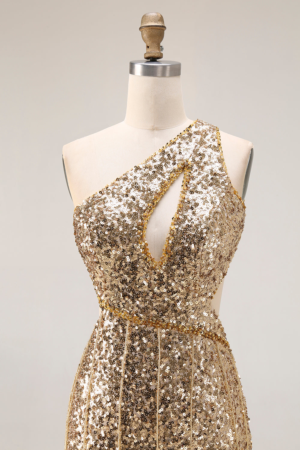 Sparkly Golden Mermaid Cut Out One Shoulder Prom Dress - Image 4