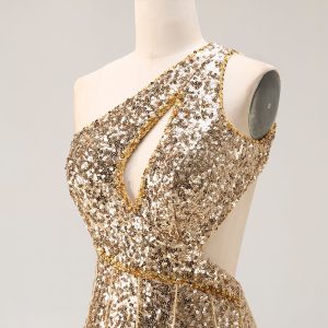 Sparkly Golden Mermaid Cut Out One Shoulder Prom Dress - Image 6
