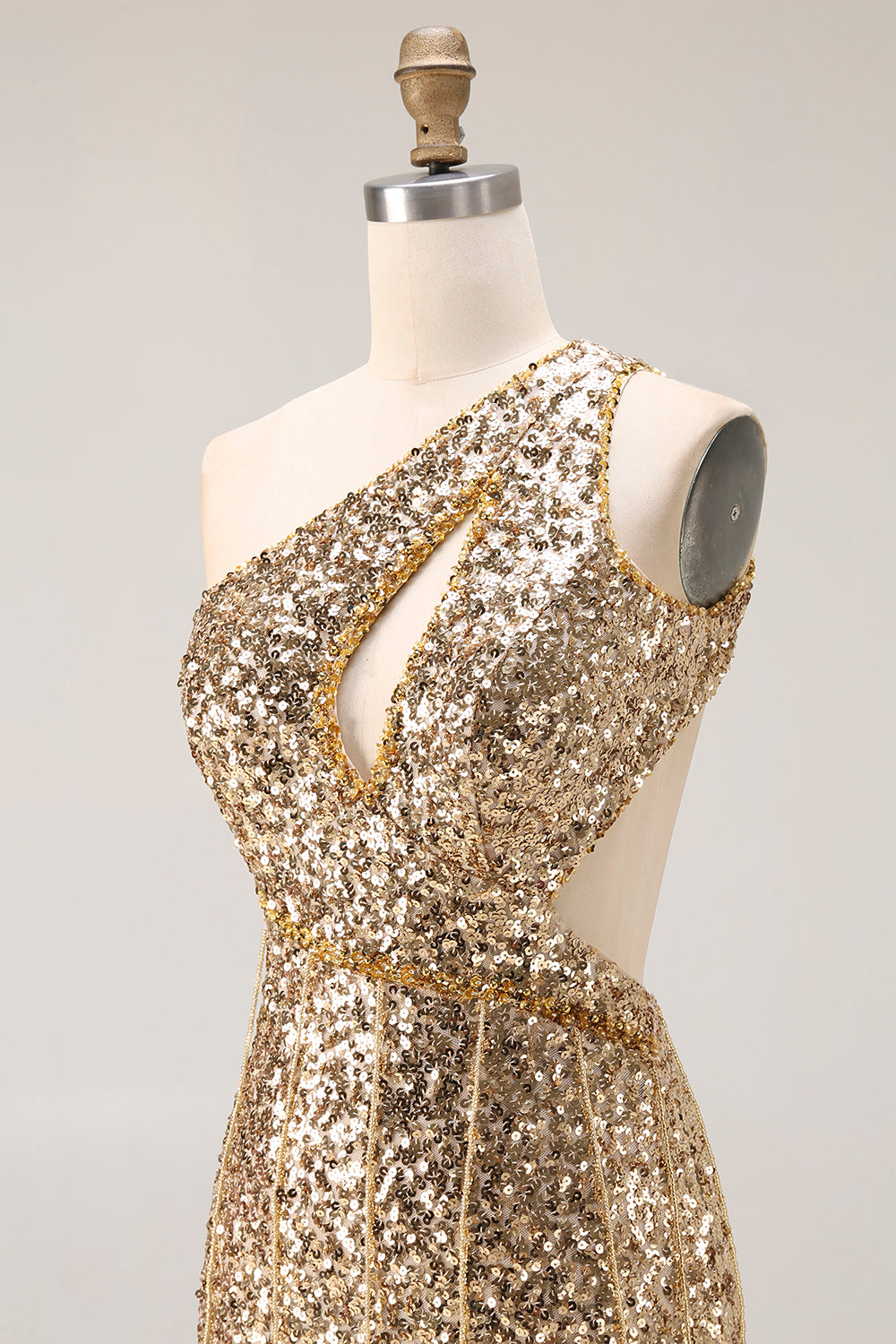 Sparkly Golden Mermaid Cut Out One Shoulder Prom Dress - Image 6