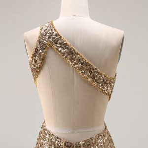 Sparkly Golden Mermaid Cut Out One Shoulder Prom Dress - Image 5