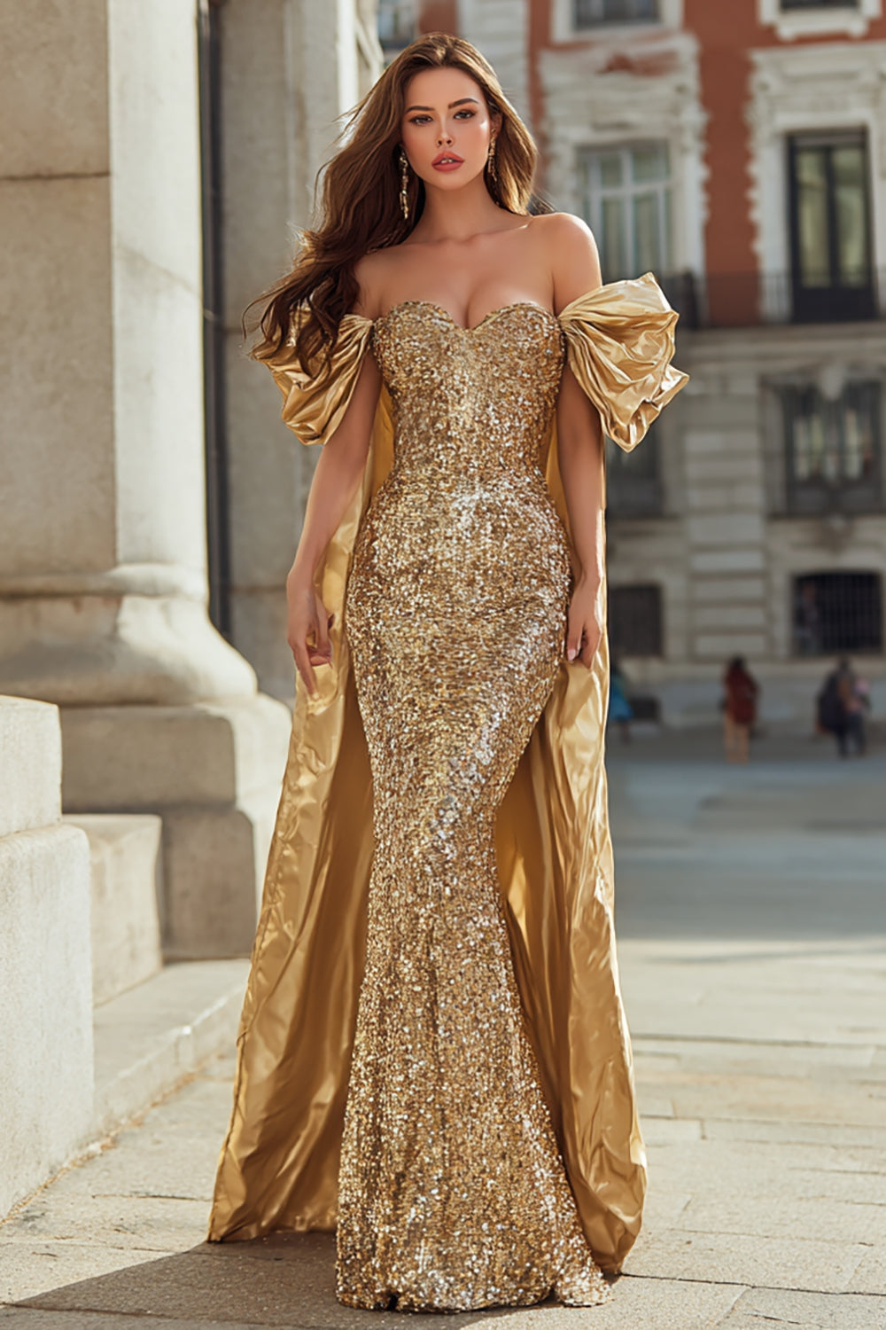 Sparkly Gold Off The Shoulder Mermaid Maxi Pageant Dress With Cape - Image 1