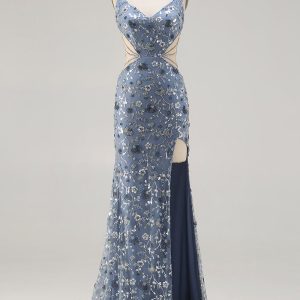Sparkly Mermaid Dusty Blue Cut Out Prom Dress - Image 7