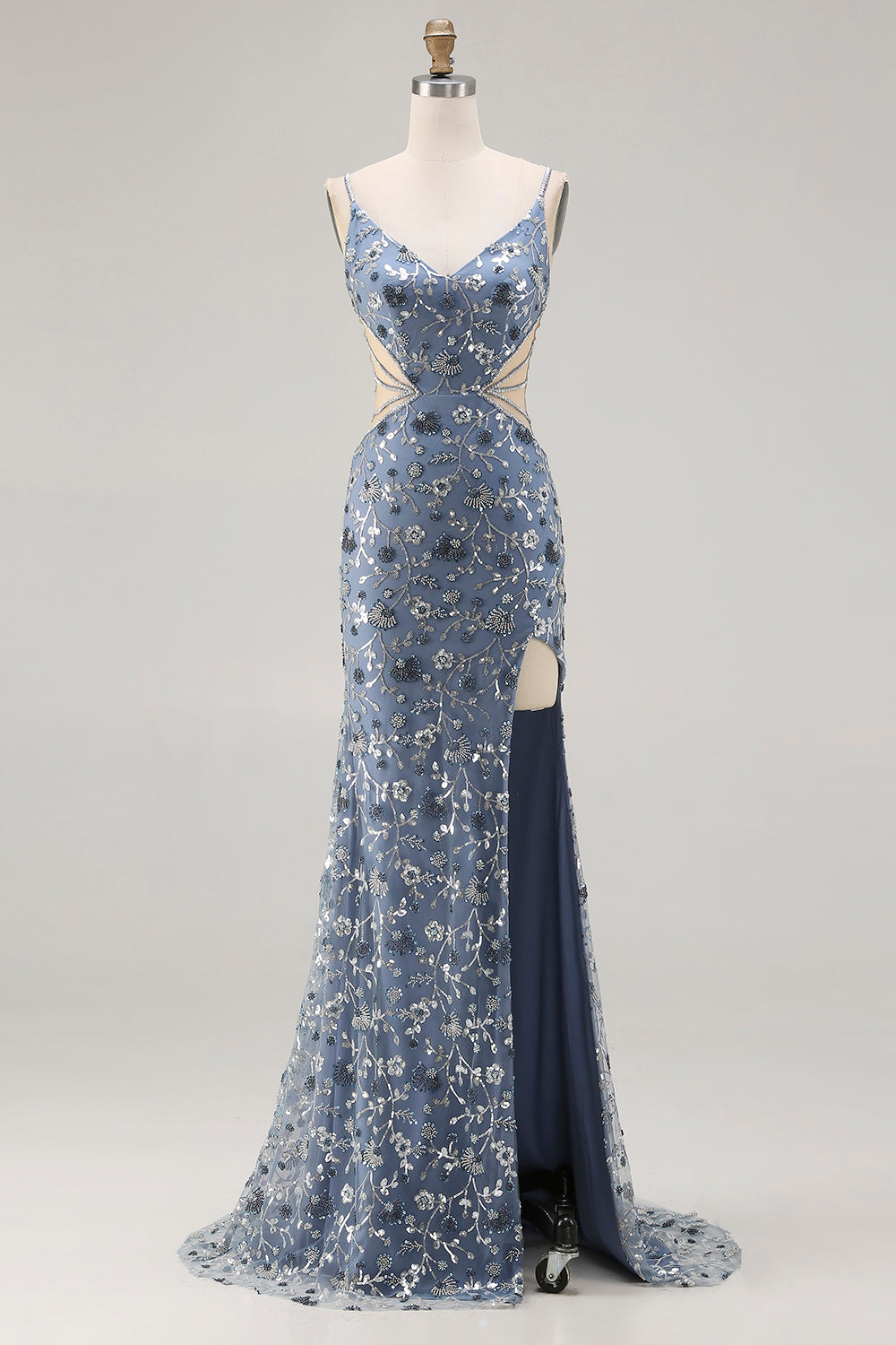 Sparkly Mermaid Dusty Blue Cut Out Prom Dress - Image 7