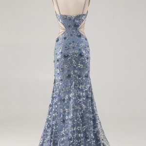 Sparkly Mermaid Dusty Blue Cut Out Prom Dress - Image 8