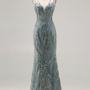 Sparkly Grey Green Beaded Mermaid Maxi Prom Dress - Image 5