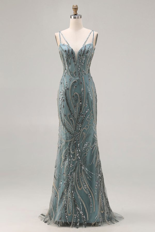 Sparkly Grey Green Beaded Spaghetti Straps Mermaid Prom Dress