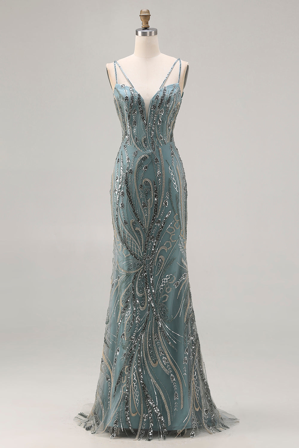 Sparkly Grey Green Beaded Mermaid Maxi Prom Dress - Image 5