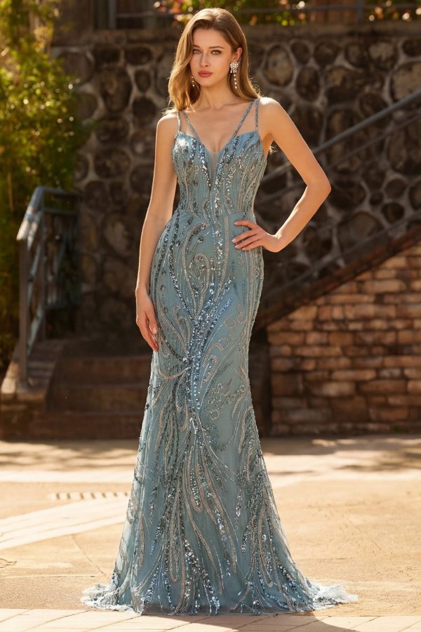 Sparkly Grey Green Beaded Mermaid Maxi Prom Dress
